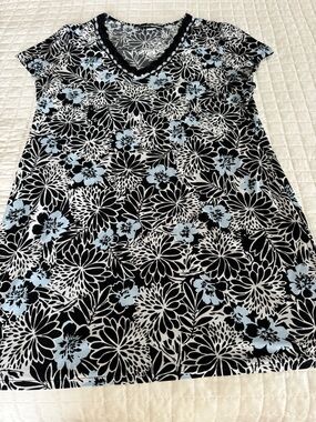 Black Floral V-Neck Night Gown with Light Blue Accents